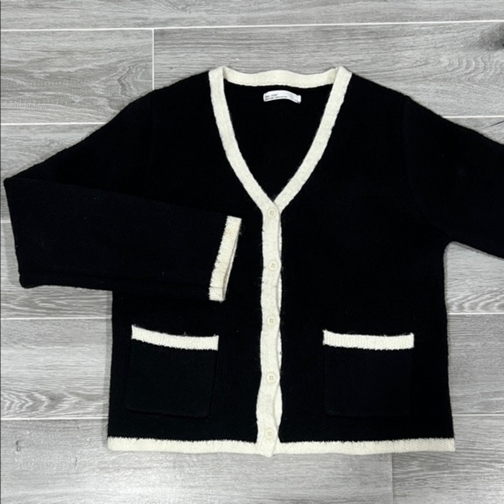 OAK + FORT Black Cardigan Cream Trim Old Money Chic Chanel Inspired Size M